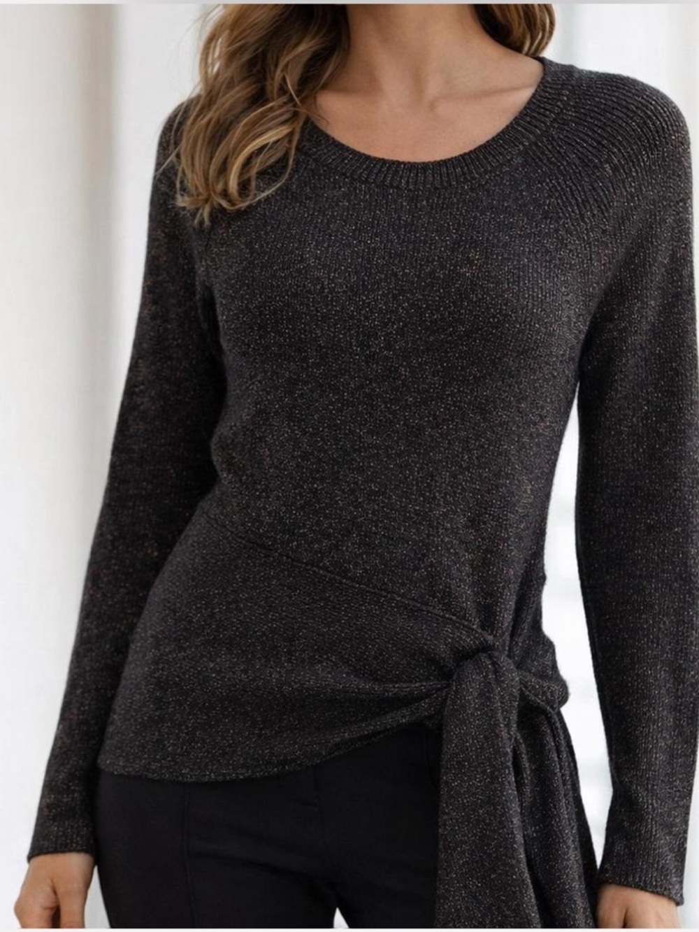 ANTONIO MELANI Metallic Black Tie-Waist Knit Top
